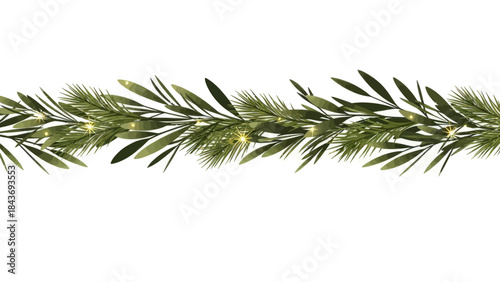 Christmas seamless border of fir branches and olive leaves with golden sparkling lights