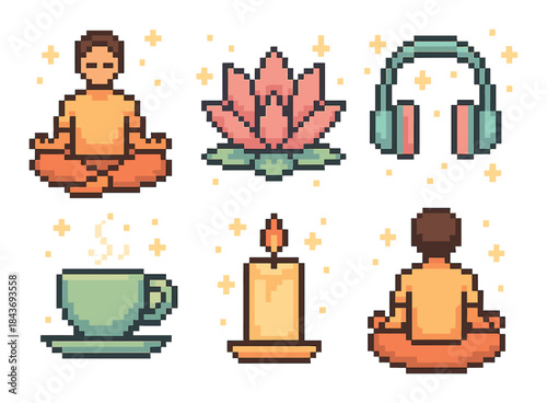 Pixel art meditation: relaxed male with lotus, candle, headphones, tea