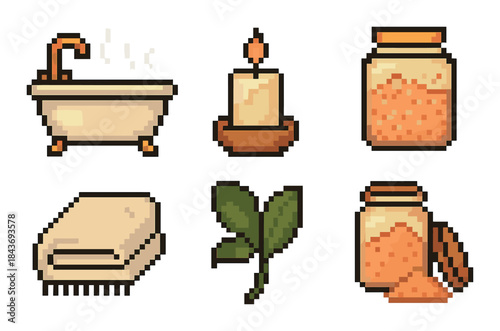 Pixel art wellness set featuring bath items and natural elements