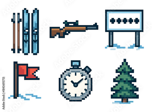 Pixel art winter sports icons: skis, rifle, scoreboard, flag, stopwatch, tree