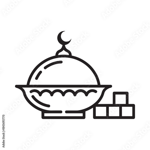 Simple black and white illustration of a covered dish with sugar cubes