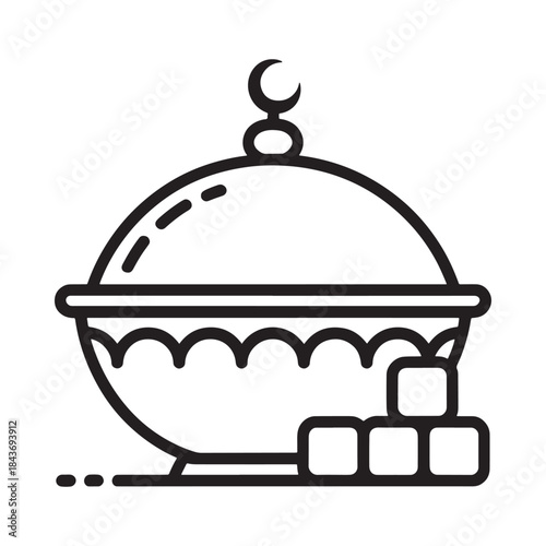 A simple black and white line drawing of a covered dish with sugar cubes