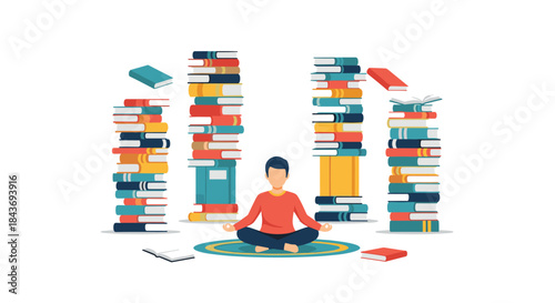 Man in lotus pose meditating peacefully while surrounded by towering stacks of books, a concept for deep focus and learning for education.