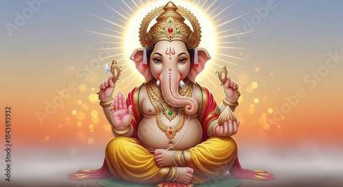 Ganesha Sunrise Bliss. Golden Aura Devotional 4K Wallpaper.