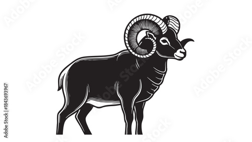 A stylized black and white illustration of a majestic bighorn ram with large, curving horns, standing proudly — stock vector.
