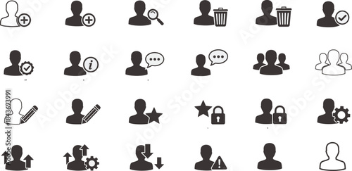 Collection of 30 grayscale avatars illustrating various human interactions and actions