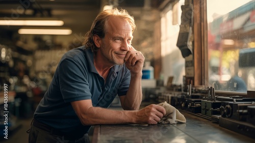 A middle-aged man with blond hair, wearing a blue polo shirt, leans on a counter in a workshop, holding a cloth and smiling.