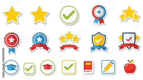 Flat design icon set showcasing achievements, quality, and educational success symbols on a clean background