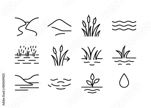 Valley Floodplain Icons. Valley Floodplain. Line icon set of Val