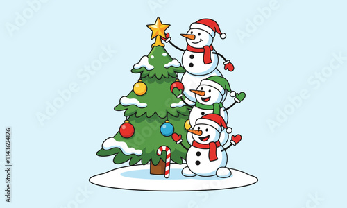 Cartoon Snowmen Decorating Christmas Tree Illustration – Stacked Characters, Ornaments, and Star Topper for Holiday Design Assets