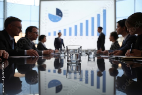 A diverse group of professionals in a modern boardroom, attentively observing a financial growth chart displayed on a large screen.