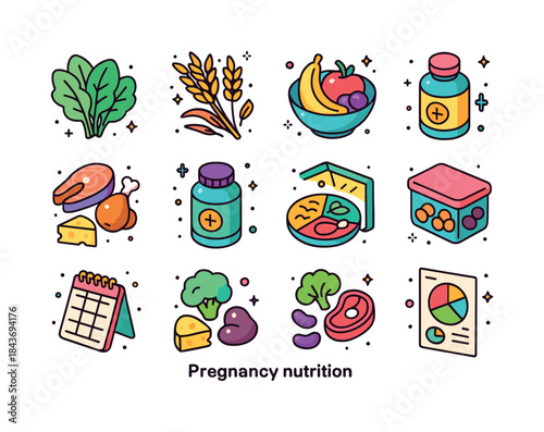 Pregnancy Nutrition Icons. pregnancy nutrition. Colorful isometr