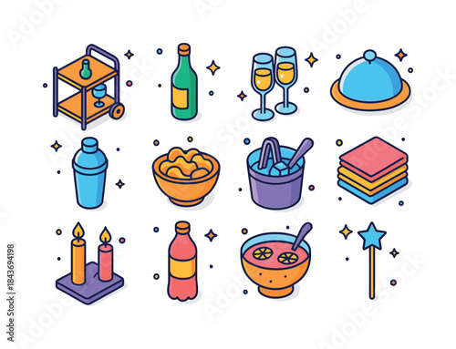 Colorful Party Icons. Party Setup. Colorful isometric vector ico