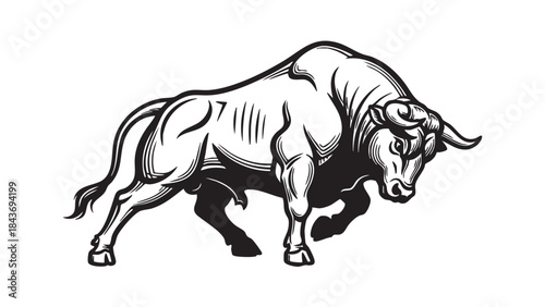 A stylized black and white vector illustration of a powerful bull in an aggressive, dynamic stance, symbolizing strength and determination — stock vector.