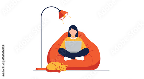 Woman working or studying from home on a laptop, sitting comfortably in a beanbag chair with a sleeping cat and floor lamp.