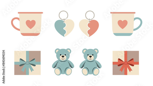 Charming Collection of Romantic Gifts: Mugs, Keychains, Teddy Bears, and Wrapped Boxes