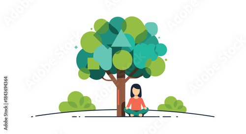 Woman meditating in lotus pose under a stylized tree with geometric shapes for leaves, representing mental clarity and peace.