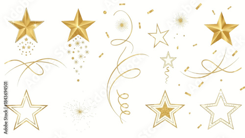 Dynamic Golden Stars and Swirling Ribbons Festive Celebration Elements Illustration Set