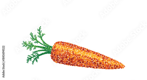 Artistic illustration of a single fresh carrot with green tops created from a mosaic of colorful dots in a pointillism style.