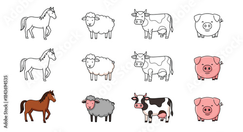 Cute set of cartoon farm animals including a horse sheep cow and pig shown in outline and full-color illustration styles for kids.