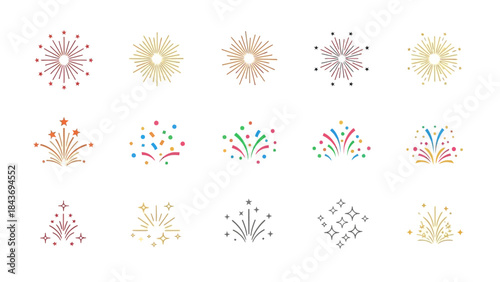 Festive Celebration Icon Set: Abstract Graphic Illustrations of Exploding Fireworks and Confetti