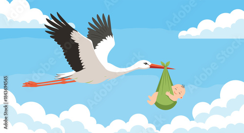 Classic cartoon illustration of a stork flying through a blue sky with clouds delivering a happy baby in a green bundle.