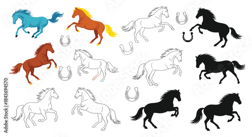 Large collection of dynamic horse illustrations in various styles including colored outline and silhouette with horseshoe elements.