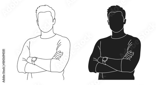 Faceless man with arms crossed shown in both a simple black outline illustration and a solid black silhouette on white background.