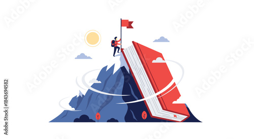 Hiker planting a flag on the summit of a mountain shaped like a giant book, symbolizing educational achievement and success.