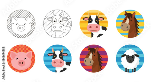 Set of cute farm animal head icons in circular frames including a pig cow horse and sheep in outline and colorful styles.