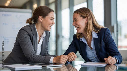 Two smiling businesswomen in suits are sitting at a table and talking.