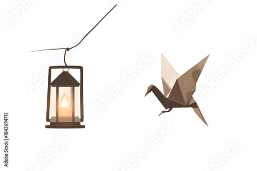 dark rustic metal lantern with an internal warm glow, suspended beside a flying brownish-gray origami crane on a wire, svg file, transparent, no background
