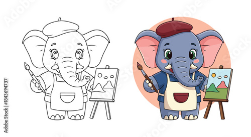 Cute cartoon elephant artist wearing a beret and apron painting a landscape shown as a color version and coloring page outline.