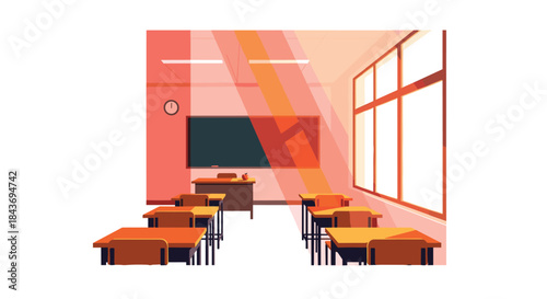 Empty sunlit classroom with rows of desks and chairs facing a blackboard, creating a peaceful and nostalgic school atmosphere.
