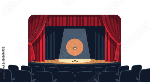 Vintage microphone standing alone in a spotlight on an empty stage with red curtains, awaiting a performance or public speech.