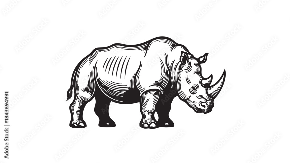 Fototapeta premium A detailed black and white illustration of a robust rhinoceros, depicted in a classic woodcut engraving style on a clean white background — stock vector.