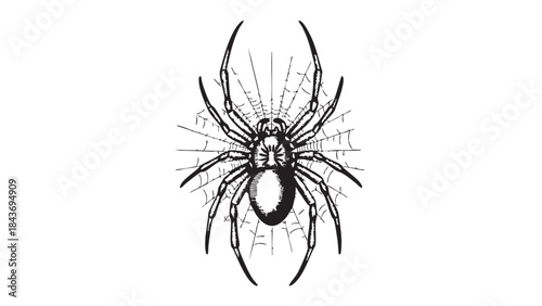 A detailed black and white illustration of a spider on its intricate web, rendered in a classic engraving style — stock vector.