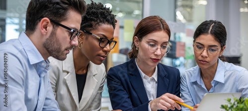 A diverse group of four professionals, two women and two men, intently collaborating around a laptop in a modern office setting.