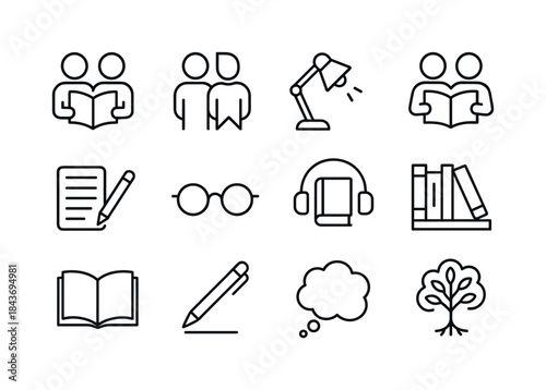 Couples Learning Icon Set. Couples reading & learning. Line icon