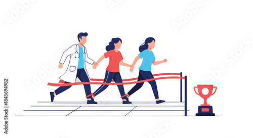 Doctor and two patients in a three-legged race crossing the finish line, symbolizing teamwork and support in healthcare goals.