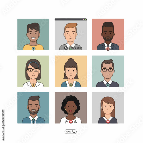 Group video call interface showing nine diverse colleagues connecting remotely for a virtual business conference.