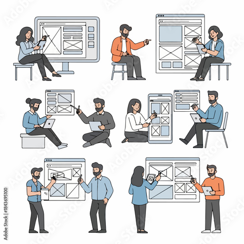User Experience and User Interface Designers Working on Wireframe Layouts. Set of illustrations depicting web and app prototyping process.