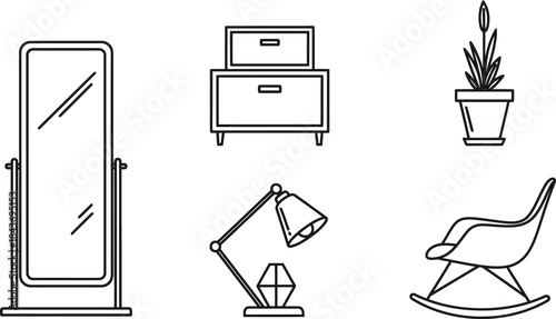 Set of line icons representing modern home furniture and decor elements floor mirror, nightstand, potted plant, desk lamp, and rocking chair