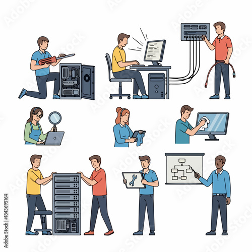 IT and Network Support Services Illustration Set: Technicians Repairing Computers, Managing Servers, and Providing Technical Assistance.