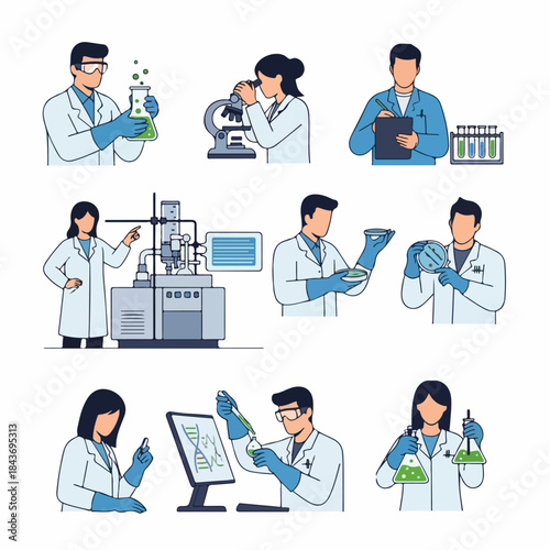 Collection of vector illustrations showing diverse scientists conducting chemical and biological experiments in a research laboratory setting.
