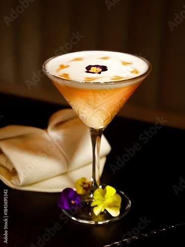 Elegant cocktail with foam and edible flowers in martini glass