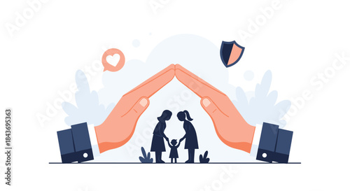 Large hands forming a roof over a family, symbolizing protection, love, and security from a life and health insurance provider.