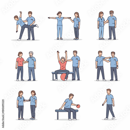 Physical Therapy and Rehabilitation Exercises Set. Collection of Illustrations Showing Patients Working with Physiotherapists for Recovery and Movement Improvement.