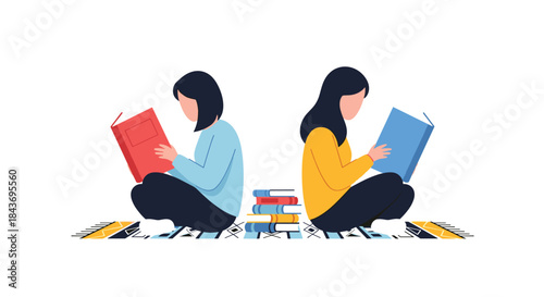 Two young women sitting back-to-back on a colorful rug, each deeply engrossed in reading their own books with a stack between them.