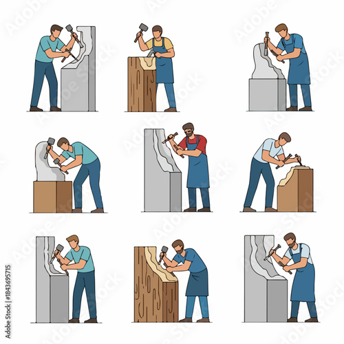 A set of illustrations depicting sculptors and artisans carving stone and wood using traditional hammer and chisel tools in various poses.